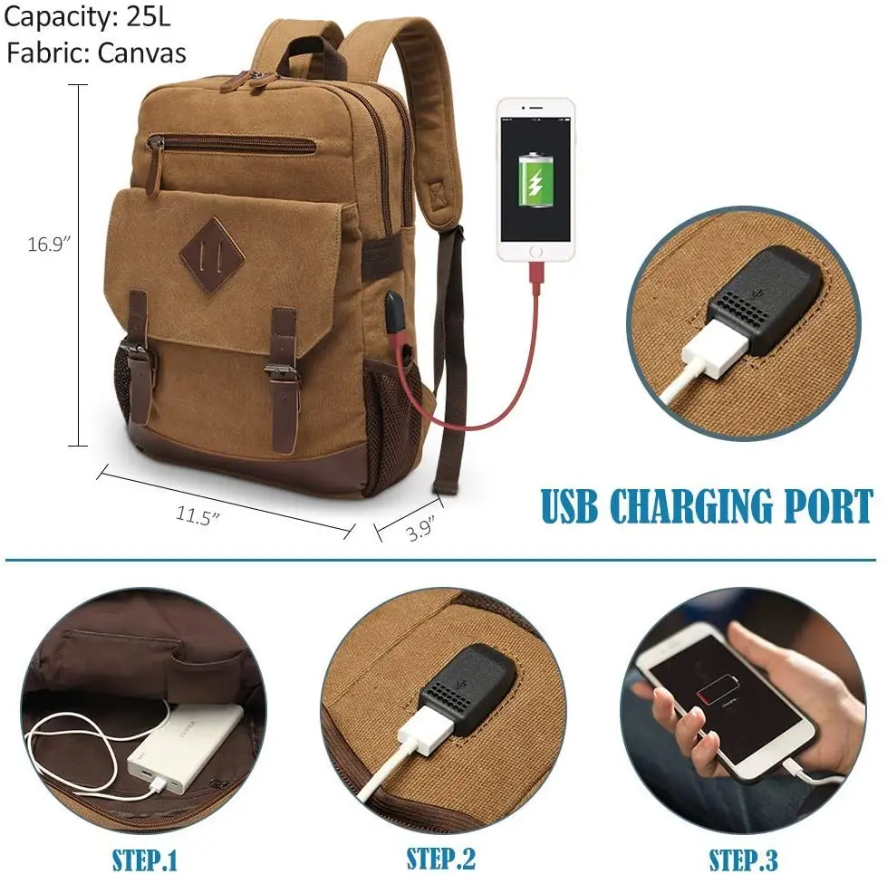 Canvas Backpack for Men Women, Vintage Rucksack Fits Most 15.6 Inch Laptop, Bookbag with USB Charging Port, Brown