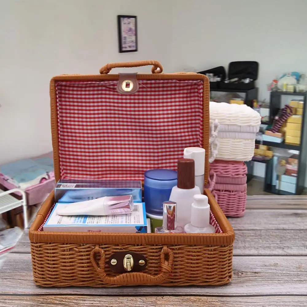 

Storage Case Organizer Makeup Vintage Rattan Woven Holder Suitcase Sundries Box