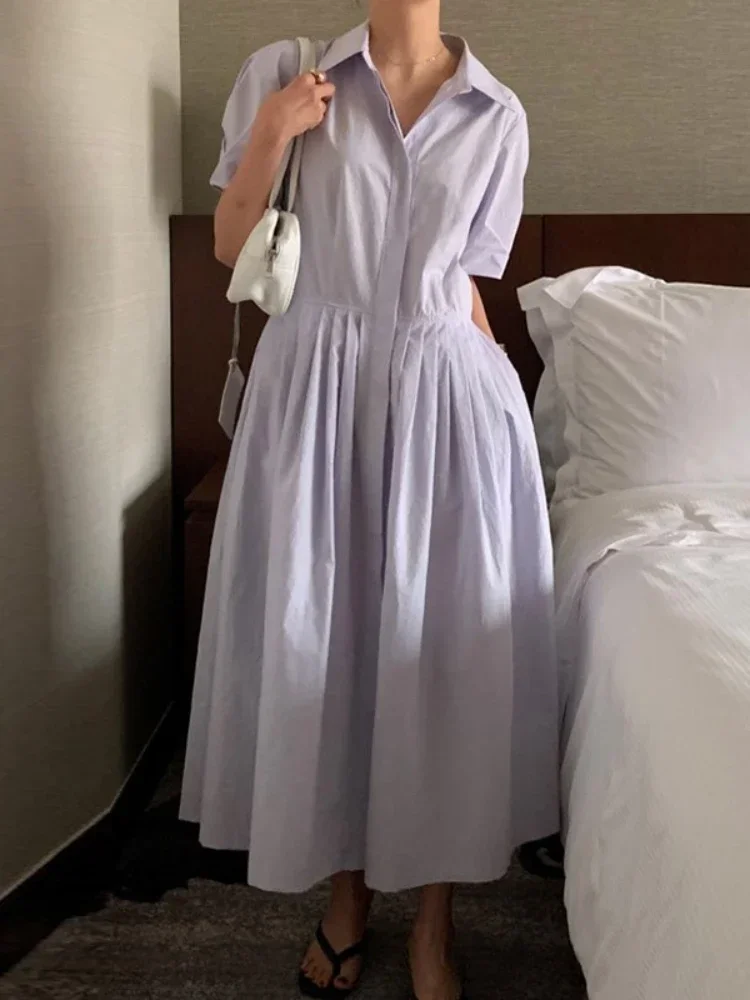 

Dresses for Women 2023 New Summer Solid Turn-down Collar Long Dress Streetwear Vintage Dress Korean Style Loose White Dress