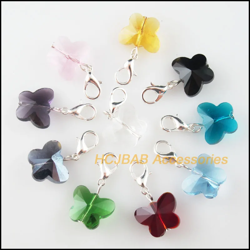 

10Pcs Mixed Crystal Butterfly Beads Charms Silver Plated With Clasps 14mm