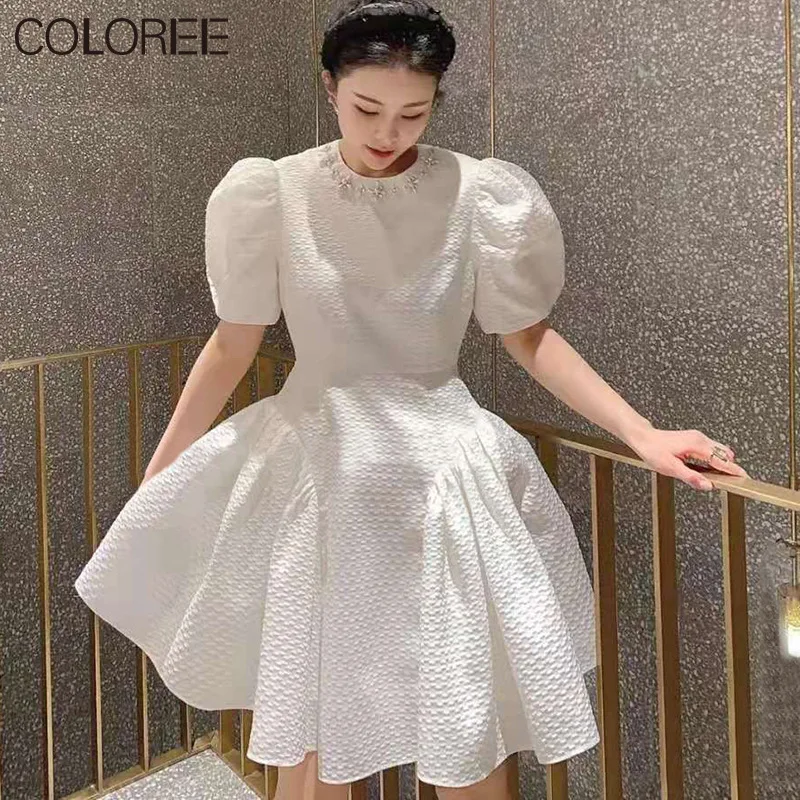

Korean Fashion Beading White Ball Gown Party Dresses Vintage Puff Sleeve Mini Dresses for Women 2022 Summer Clothes for Women