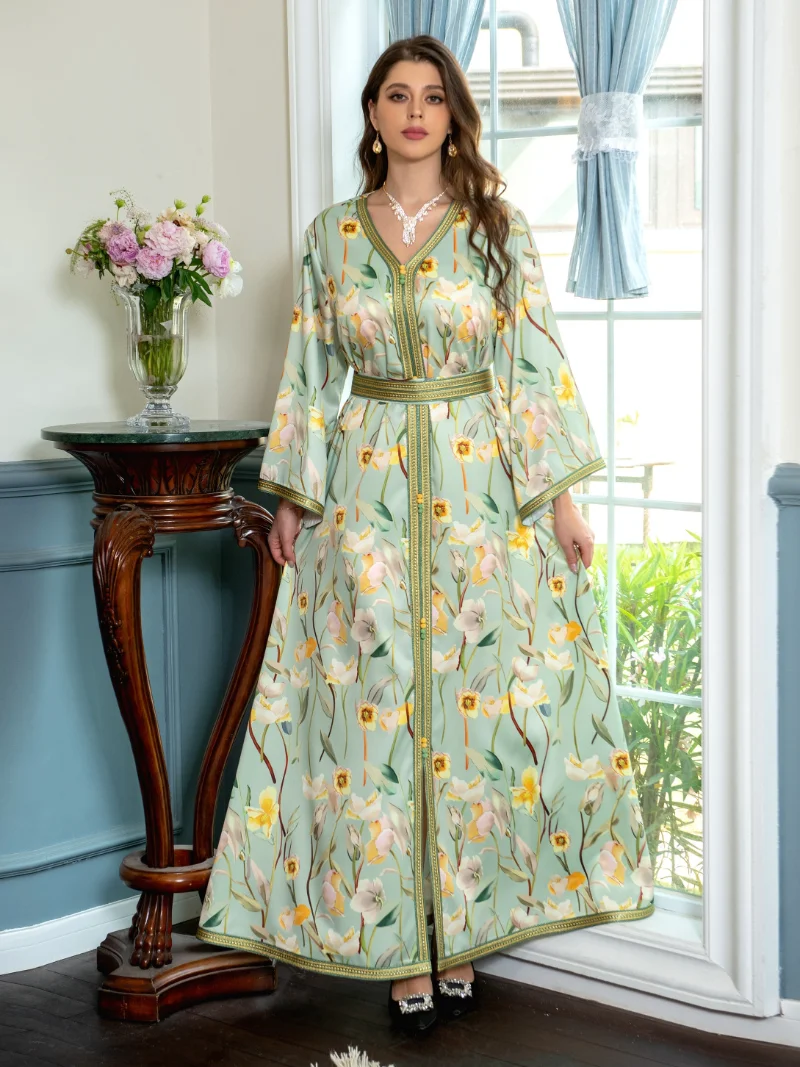 Eid Morocco Party Dress Muslim Women Dubai Abaya Dress Jalabiya Floral Musulman Islamic Turkey Moroccan Kaftan Arabic Robe 2023