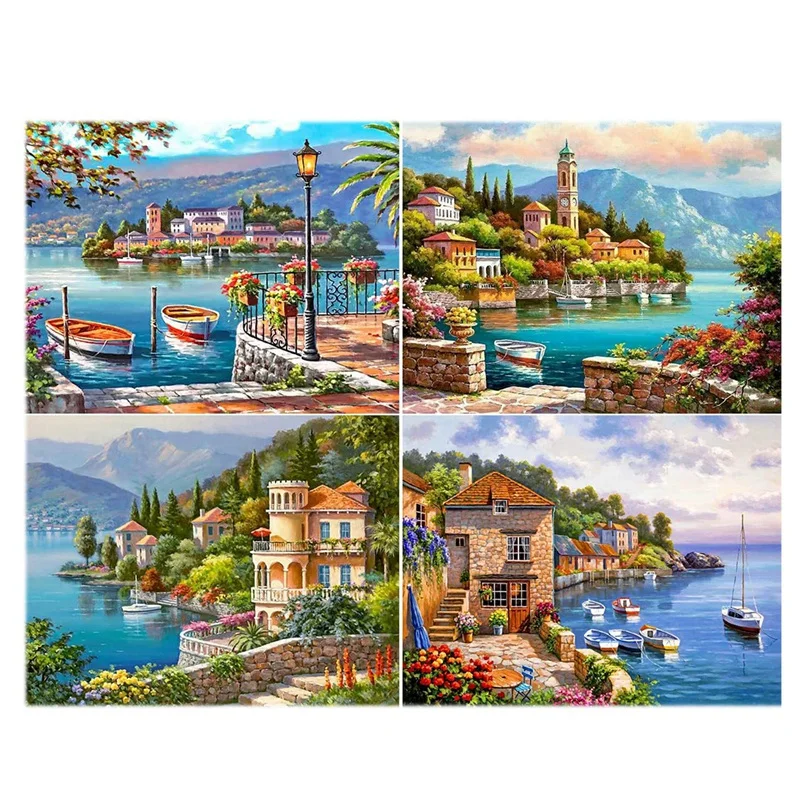 

4Pcs DIY Adult Kids Full Diamond Round Diamond Painting Kit, Seaside Holiday Theme Home Wall Decor 30X40cm