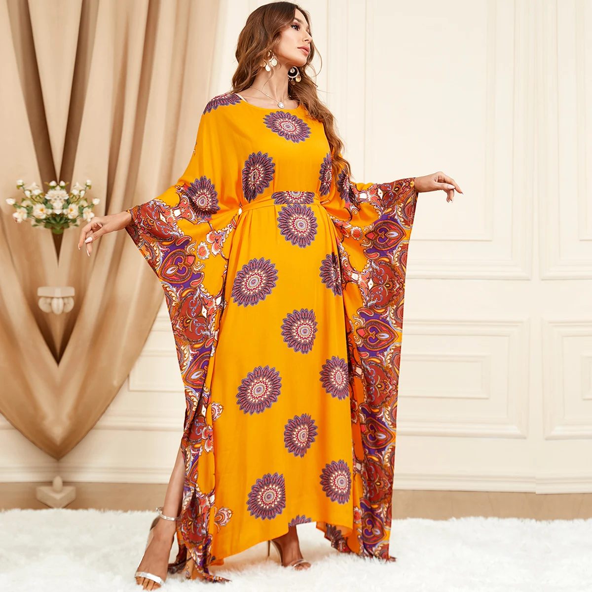 BNSQ Summer Bat Sleeve Muslim Dress For Women Abaya Floral Pattern With Belt Moroccan Turkey African Caftan