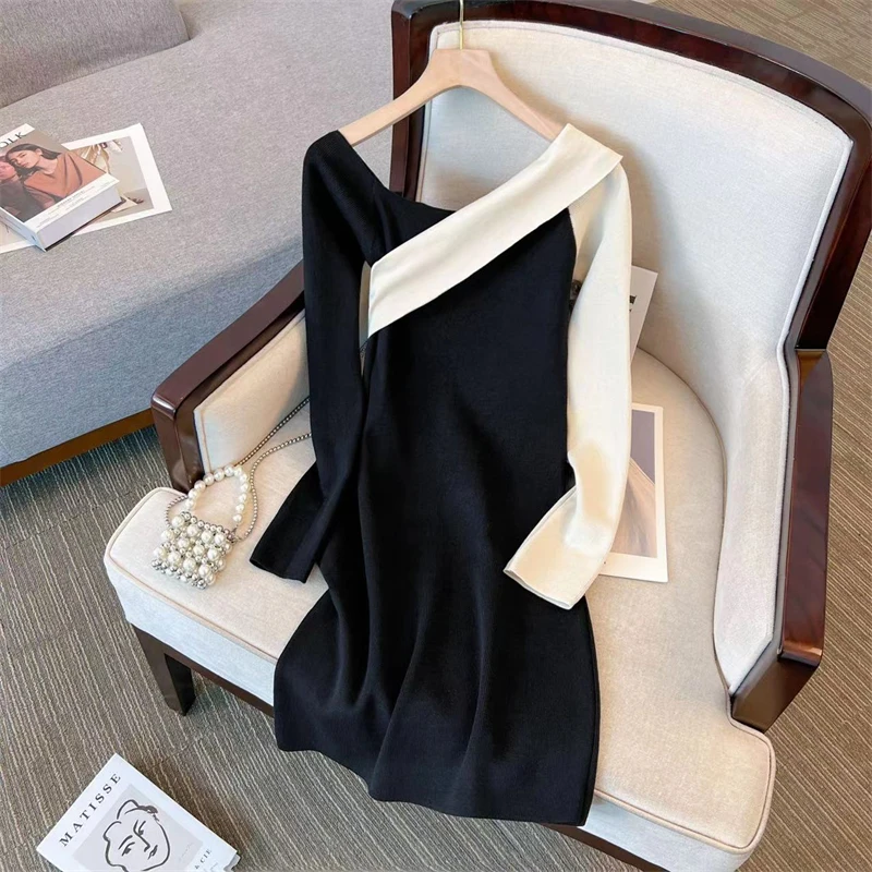 

Contrast Off Shoulder Knit Sweater Dress Women's Spring Autumn New Design Chic A-line Long Sleeve Knitwear Skirt