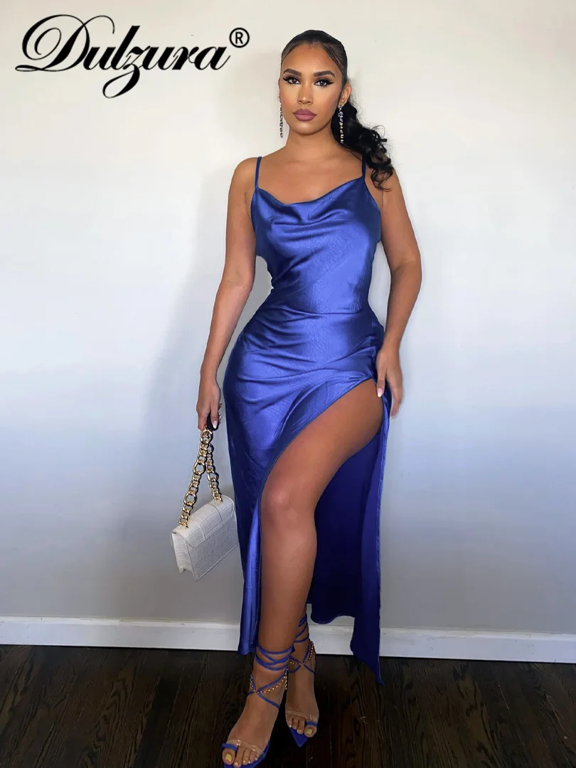 

Dulzura Side Slit Satin Strap Midi Dress Bodycon Sexy Party Elegant Evening Birthday Festival Clothing Wedding Outfit Bridesmaid
