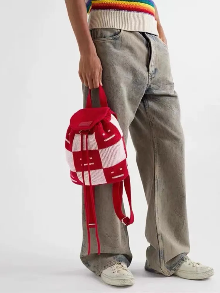 

Модные женские красные вязаные сумки, женская вязаная сумка в клетку на шнурке, Новинка