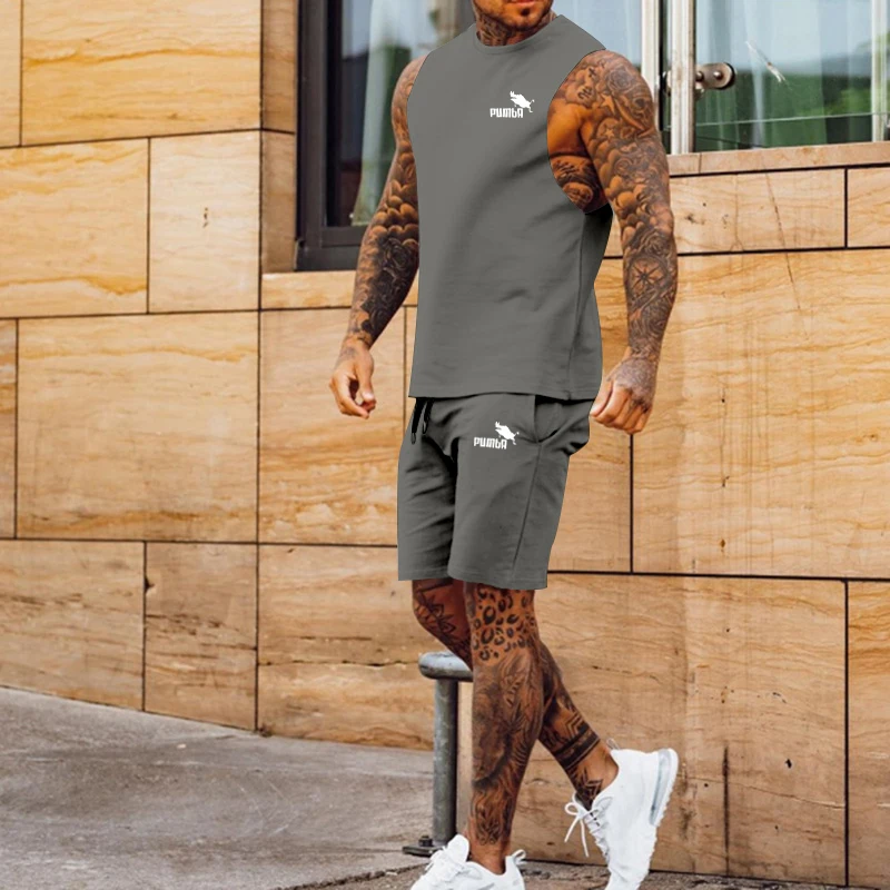 Summer Cool Quick-Drying Clothes Fashion Casual Sleeveless Vest + Sports Fitness Shorts Two-Piece Set