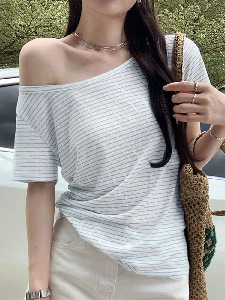 Женская льняная хлопковая свободная футболка с большим вырезом на плечах Новое