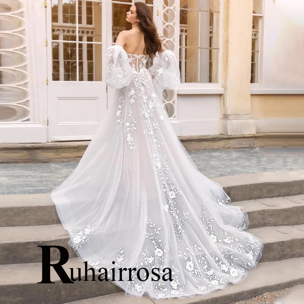 

Ruhair Luxury Strapless Detachable Puff Sleeves Illusion Wedding Dresses For Women Personalised Appliques Lace Robe De Mariée