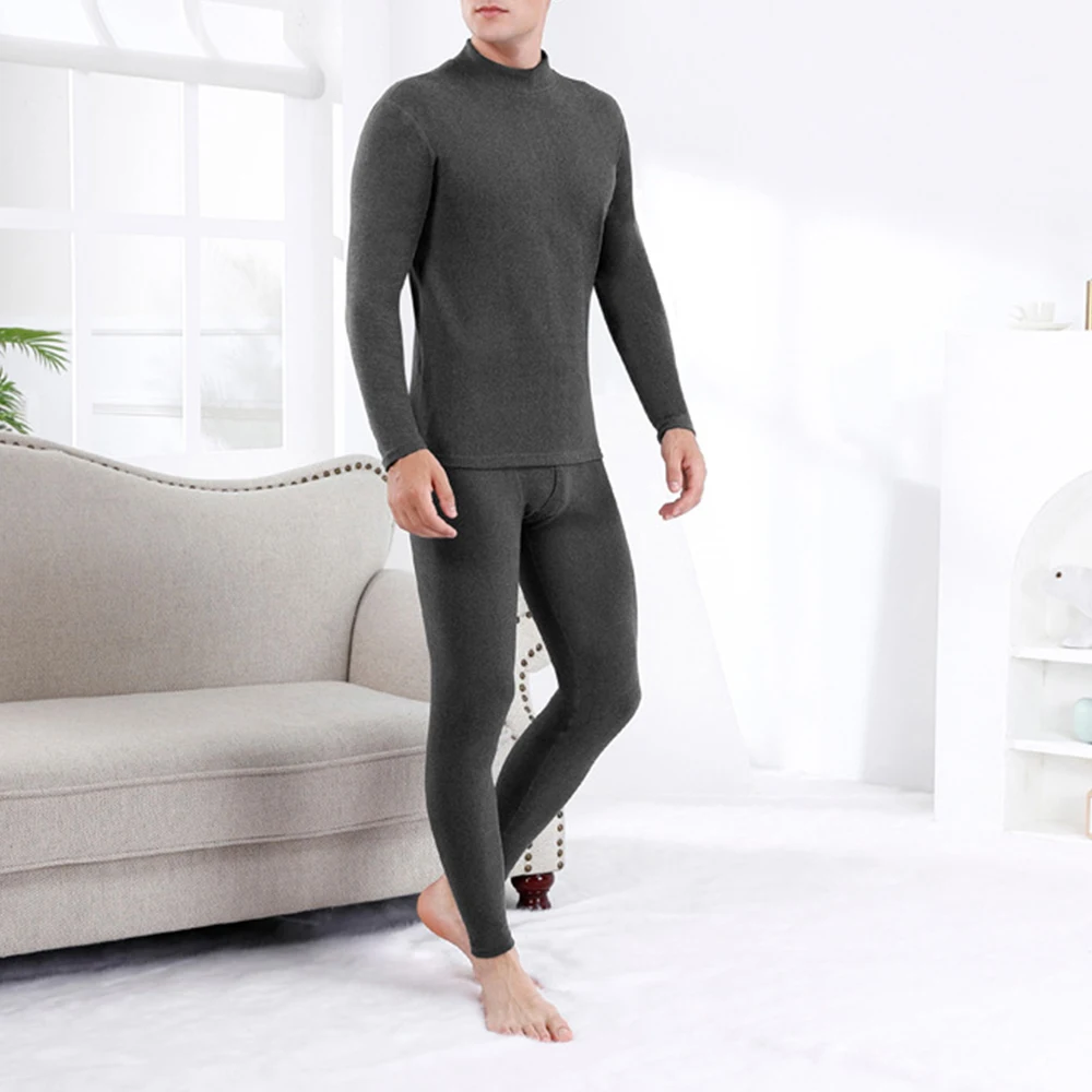 

Winter Mens Fleece Warm Tops+Long Johns Thermal Underwear Set Long Sleeve Basic Shirts Turtleneck Warm Blouse Trousers Casual
