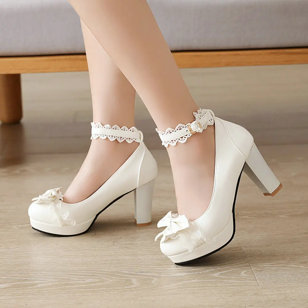 Women's Platform High Heels Elegant Bow Lace Ankle Buckle Strap Mary Jane Shoes Versatile Lolita Party Dress Pumps Plus Size