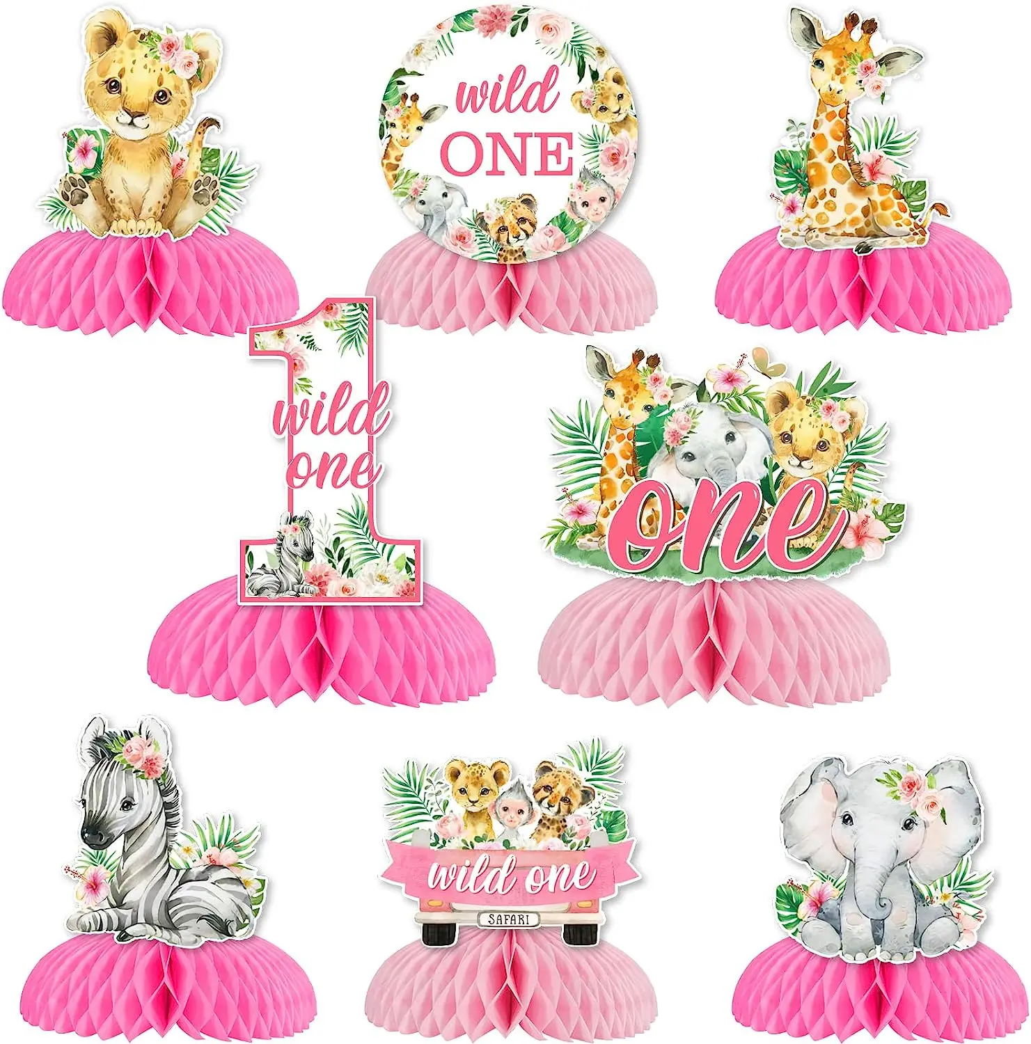 

Wild One Honeycomb Centerpieces for Table Pink Jungle 1st Birthday Decorations Safari Animal Centerpieces for Girls 1 Year Old