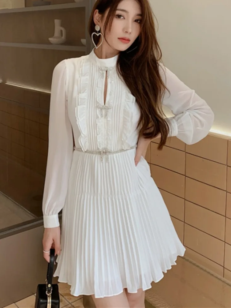 

White Women O-Neck Dress Pleated Long Sleeved Ruffles Rhinestone Bow Decoration Female Mini Robes with Belt