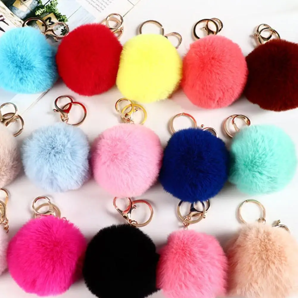 Women Car Key Pendant Faux Rabbit Fur Keychain Girl Cute Plush Ball Bag Charm Ornament Soft PomPom Key Ring Fluffy Puff Ball