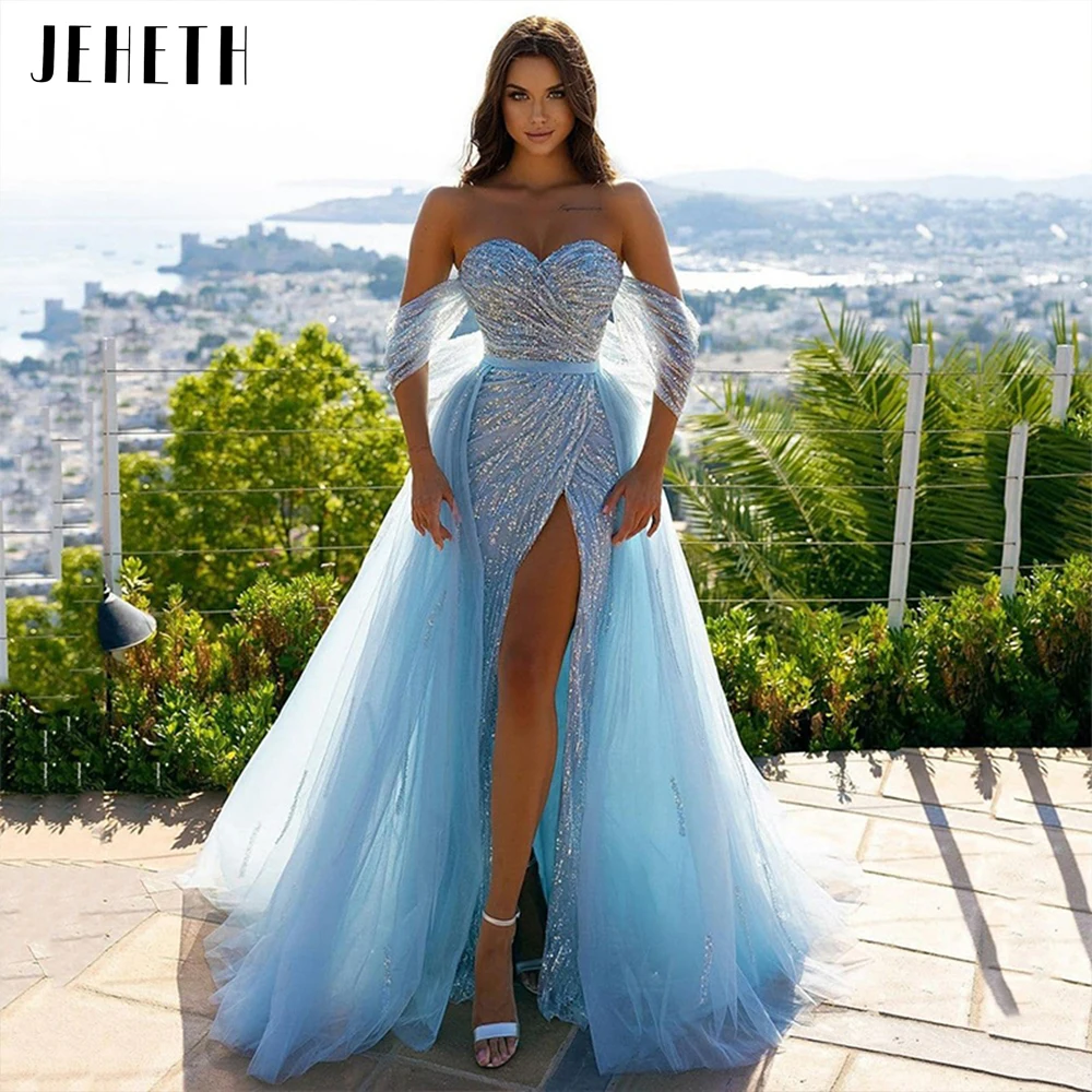 JEHETH Sky Blue Off Shoulder Mermaid Sequined Evening Prom Dress for Women Sexy Sweetheart High Slit Party Gown Sweep Train فستا