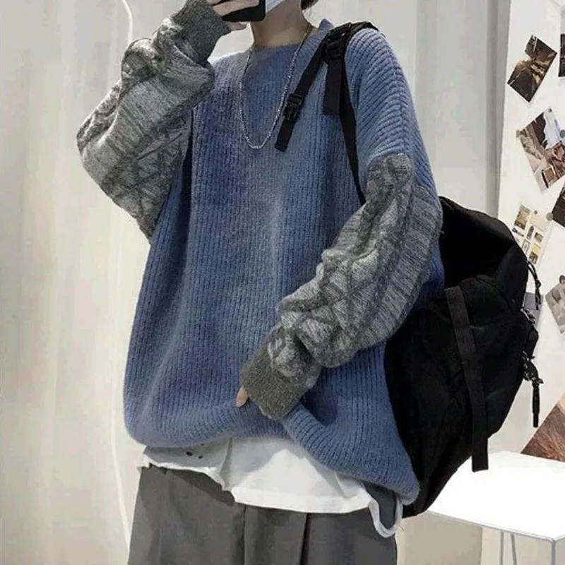 

Harajuku Autumn And Winter Contrast Color Sleeves Stitching O-neck Coat Men's Loose Pullover Knitted Sweater Korean Women Y2k