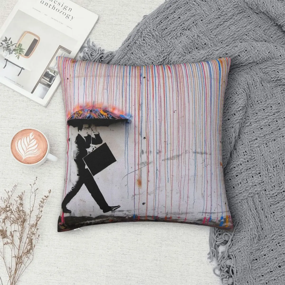 

Banksy Umbrella Rainbow Happy Girl Pillowcase Polyester Pillows Cover Cushion Comfort Throw Pillow Sofa Decorative Cushions