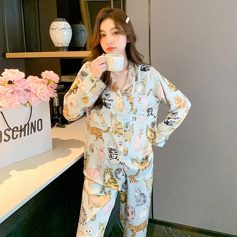 High Quality Women's Pajamas Set Luxury Pet Cats Pattern Sleepwear Silk Like Casual Homewear Cute Nightwear Femme Petite