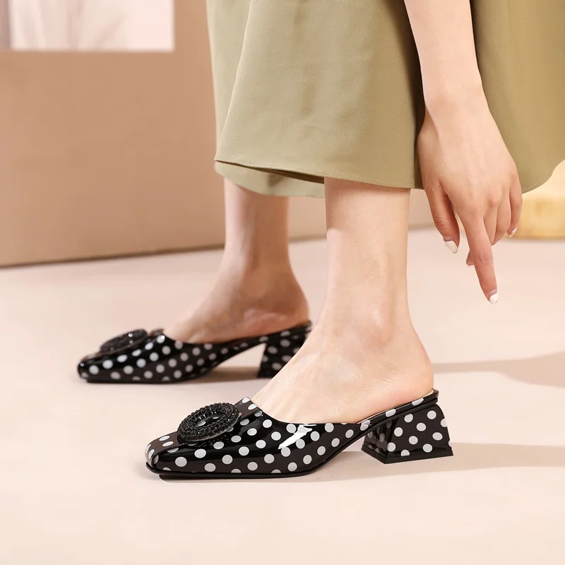 ZVQ Women Slippers New Patent Leather Square Toe Med Square Heel Summer Black And White Stripes Lady Mules New Casual Date Shoes