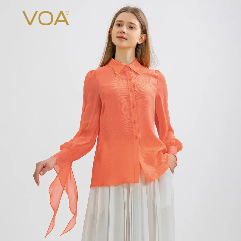 

VOA Jacquard Mulberry Silk Orange Womens Tops Point Collar Paneled Georgette Silk Three-dimensional Decorated Silk Shirt WE186