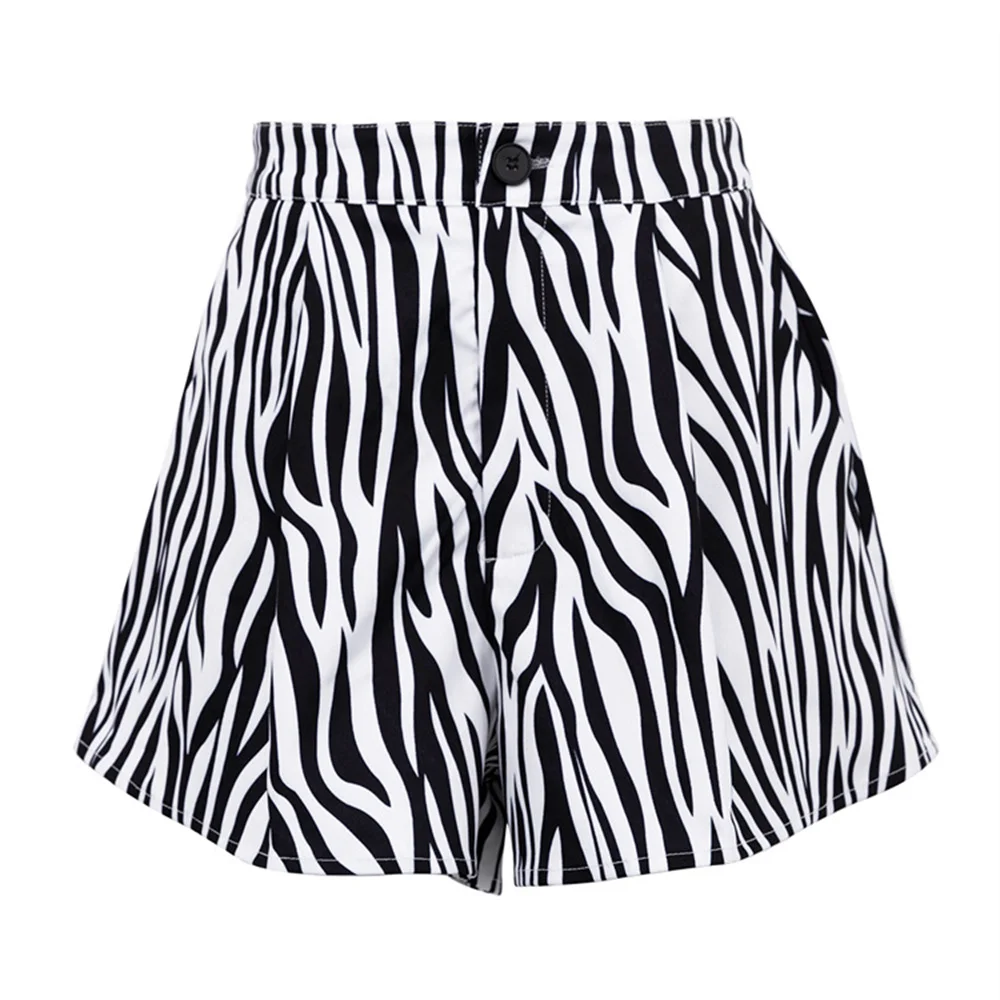 Summer Zebra Stripe Shorts for Women Casual Cotton High Waist A-Line Wide Leg Shorts Office Lady Classic Print Streetwear