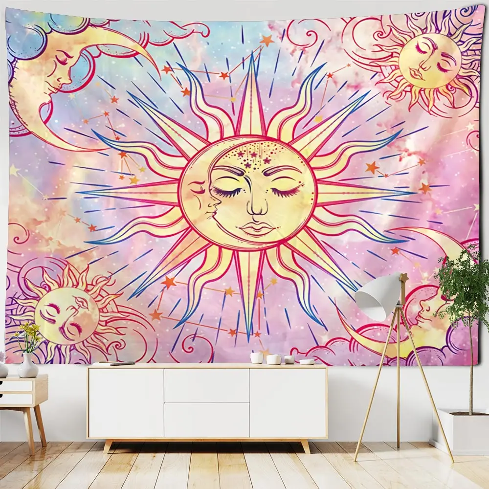 

Burning Sun Tapestry Mystic Tapestry Celestial Sun and Moon with Stars Tapestry Psychedelic Hippy Tie Dye Wall Hanging
