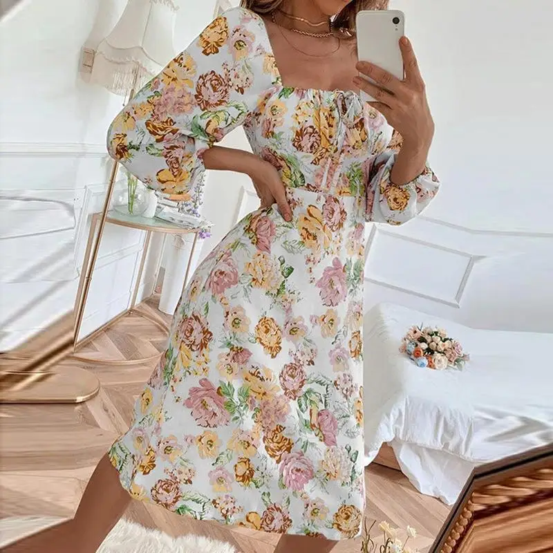 

Autumn Dress Women's New Square Collar Puff Sleeve Lace Pleated High Waist Dress Women's Fashion Flower Print Slim Dress