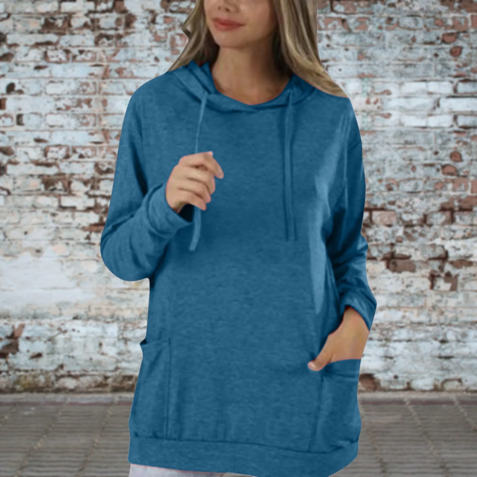 

Women Fashion Solid Color Hooded Pocket Long Sleeve Casual Sweater Quarter Zip Pullover Women Work