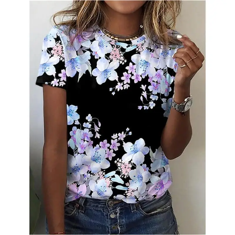 2023 summer new women's short sleeve top pullover T-shirt fashion casual colorful flowers 3D printed crewneck T-shirt