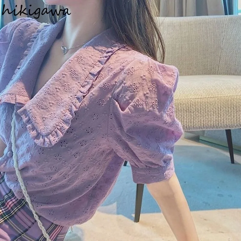 

2023 Blusas De Mujer Sweet Peter Pan Collar Summer Blouses Tops Puff Sleeve Hollow Out Shirts Fashion Korean Tunic White Shirts