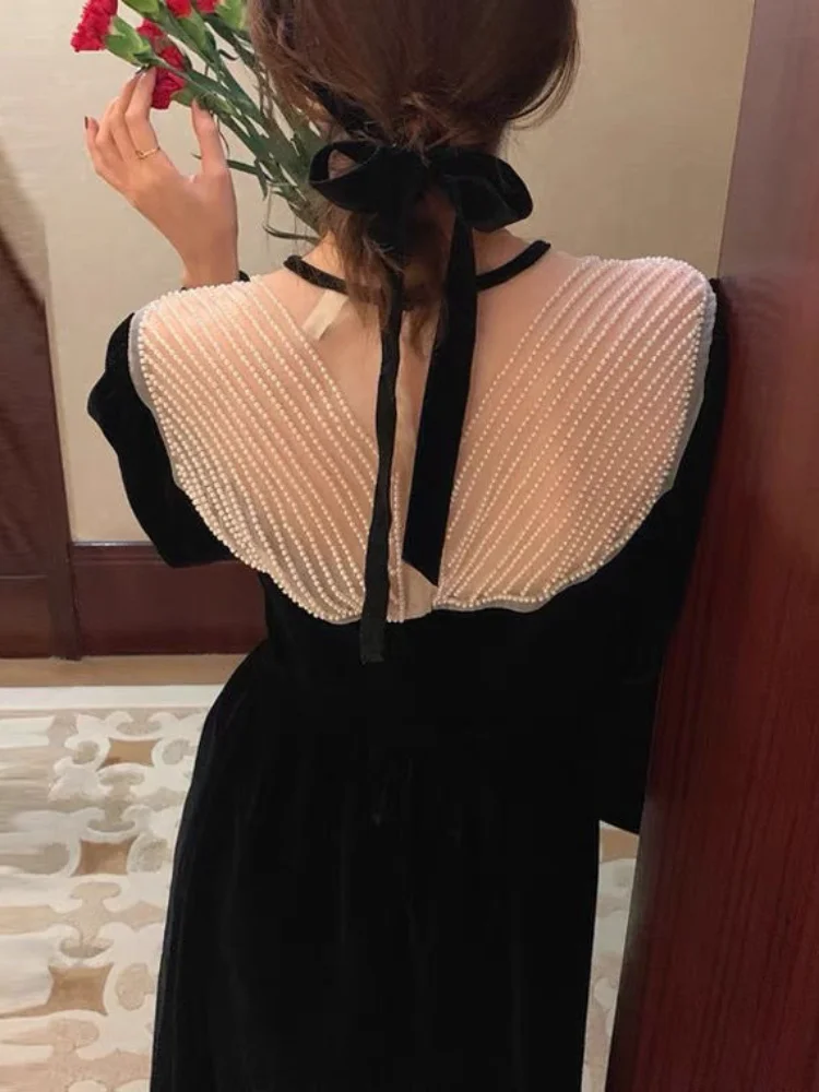 

Весеннее черное бархатное платье 2022 с длинным рукавом, женское винтажное платье миди в стиле пэчворк, облегающее дизайнерское Модное Элега...