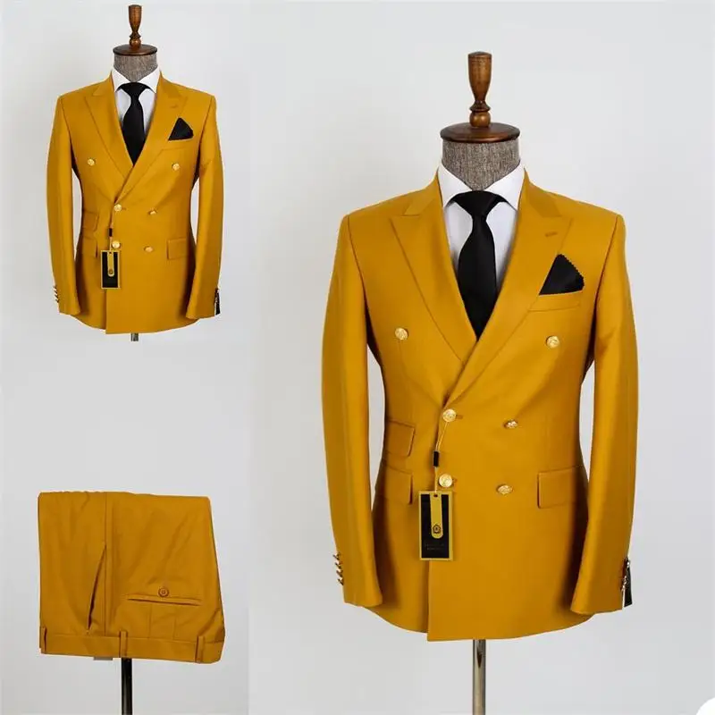 

Мужские костюмы, модные желтые костюмы из двух предметов на заказ, красивые хлопковые Весенние Свадебные костюмы, официальные костюмы с золотыми металлическими двумя пуговицами, пальто + брюки
