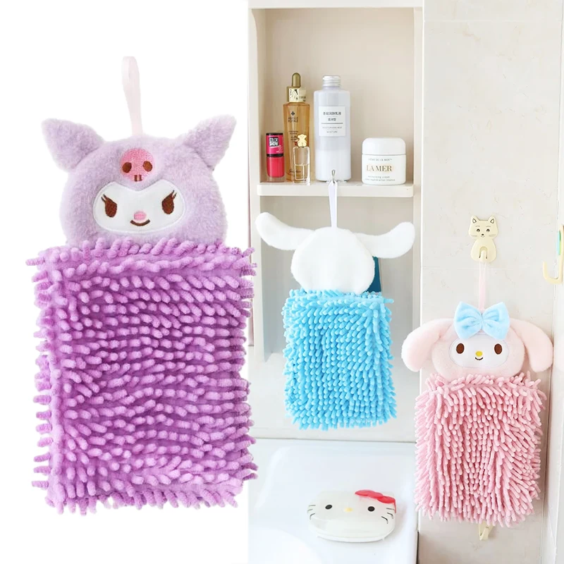 

Kawaii Sanrioed Chenille Hand Towel Cartoon Kt Cinnamoroll Kuromi Hand Towel with Hanging Loops Kitchen Absorbent Handkerchief