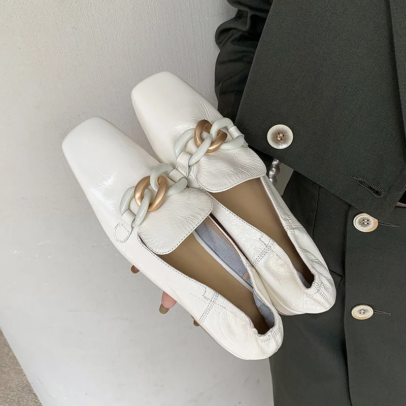 

Women Slip for On Women's Loafers Cow Leather Female Low Heel Shoes with Chains Square Toe Casual Mocasines luxe