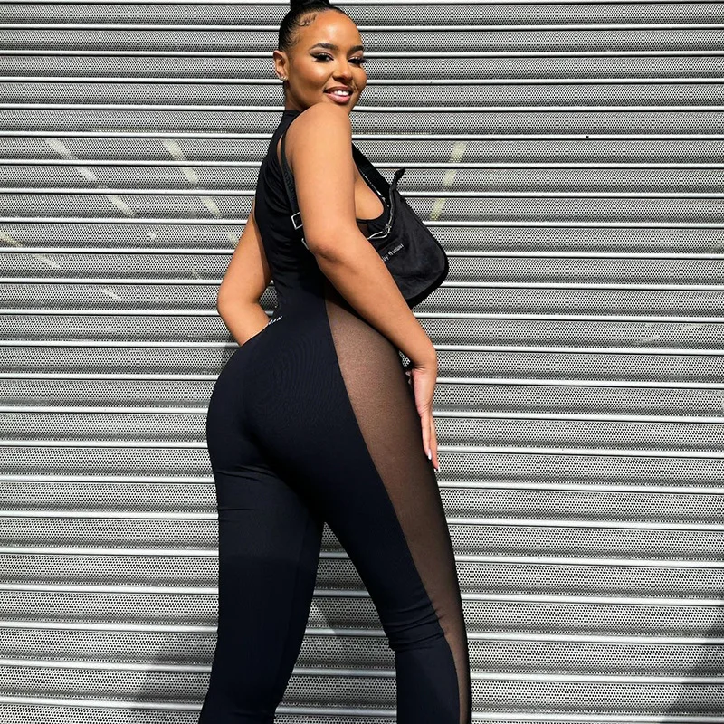 FTS Elegant Female Party Clothing One PiecePlaysuit Bodysuit Sleeveless Zip Stand Collar Sexy Mesh Leggings Women Jumpsuit