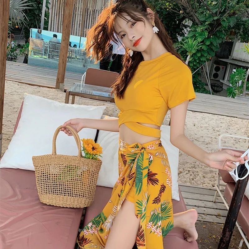 

Women's 3Pieces Printed Swimsuit Cover ups Beach Outfits Crop Top Lace Up Skirt Dress and Shorts Set Bathing Suit