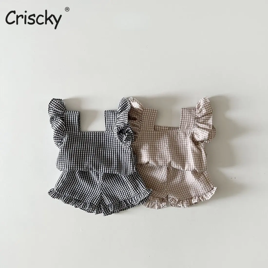 

Criscky Baby Girl Plaid Clothes Set Casual Ruffle Sleeves T-shirt Top Shorts Girl Fashion Set Kid 2023 Summer Baby Clothing