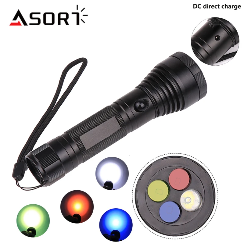 Powerful LED Flashlight Rechargeable Four Color Signal Light Multi-Function Lamp Outdoor Warning Lantern Aluminum Alloy Torch