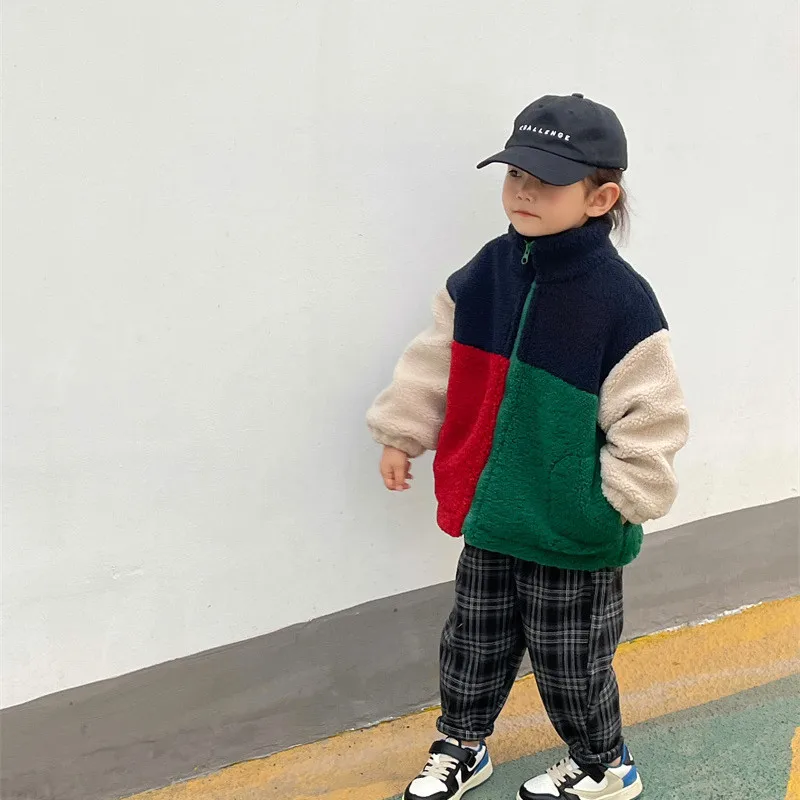 

2022 Winter Girls padded zipper coats Color contrast Children Turtleneck Fur coat Fashion warm outerwear