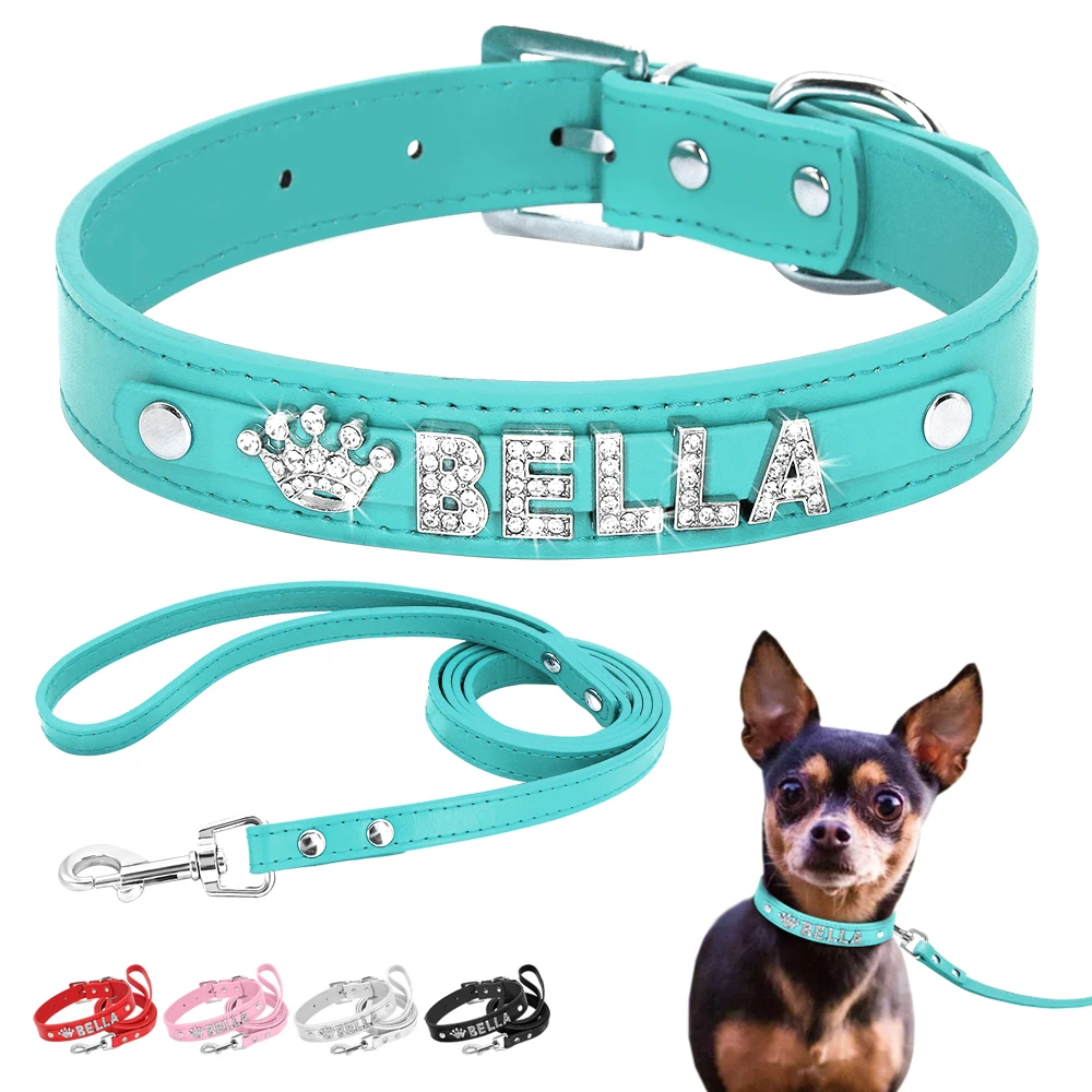 

Bling Rhinestone Personalized Dog Cat Collar Leash Set Custom Puppy Kitten Necklace Small Medium Pet Pug Collars Pet Accessories