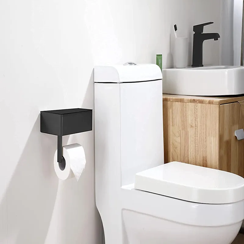 bathroom black paper holder with storage box wall mounted stainless steel phone rack toilet tissue shelf bathroom accessories free global shipping