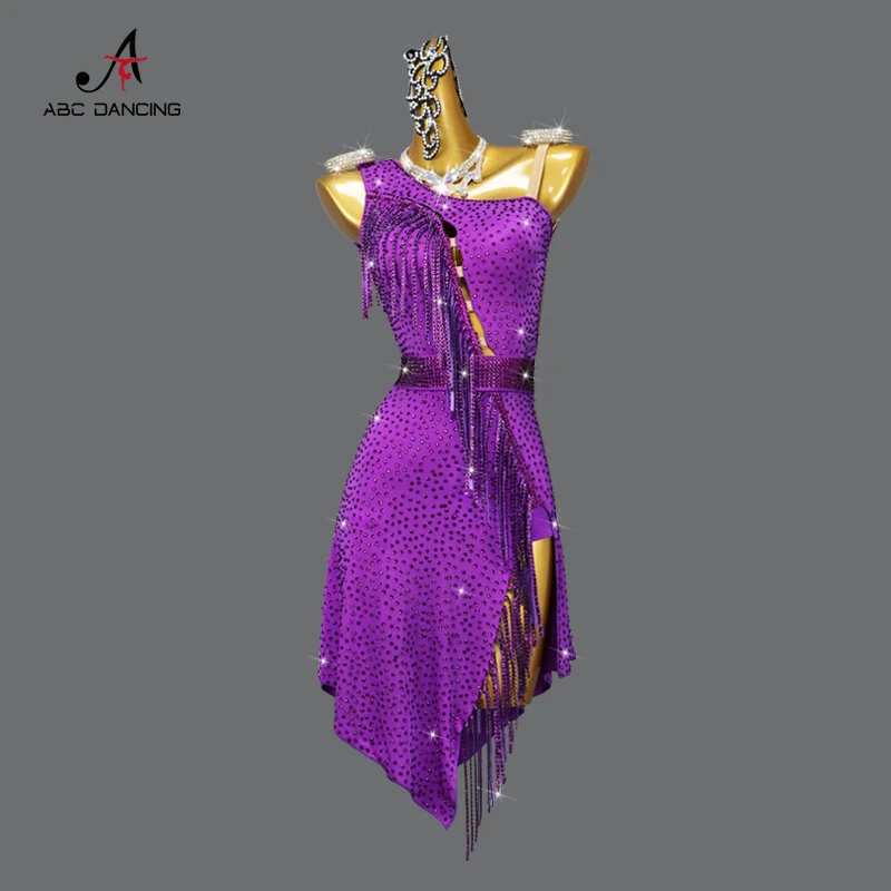 

Purple Latin Dance Dress Midi Girls Outfit Cabaret Adult Customize Size Party Skirt Evening Sexy Ballroom Practice Wear ChaCha