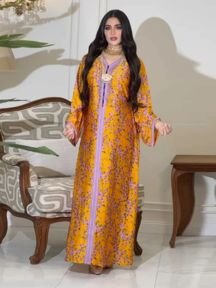 Muslim Dress 2023 Spring Summer Fashion Style Muslim Women Long Sleeve V-neck Polyester Printing Orange Long Dress Muslim Abaya