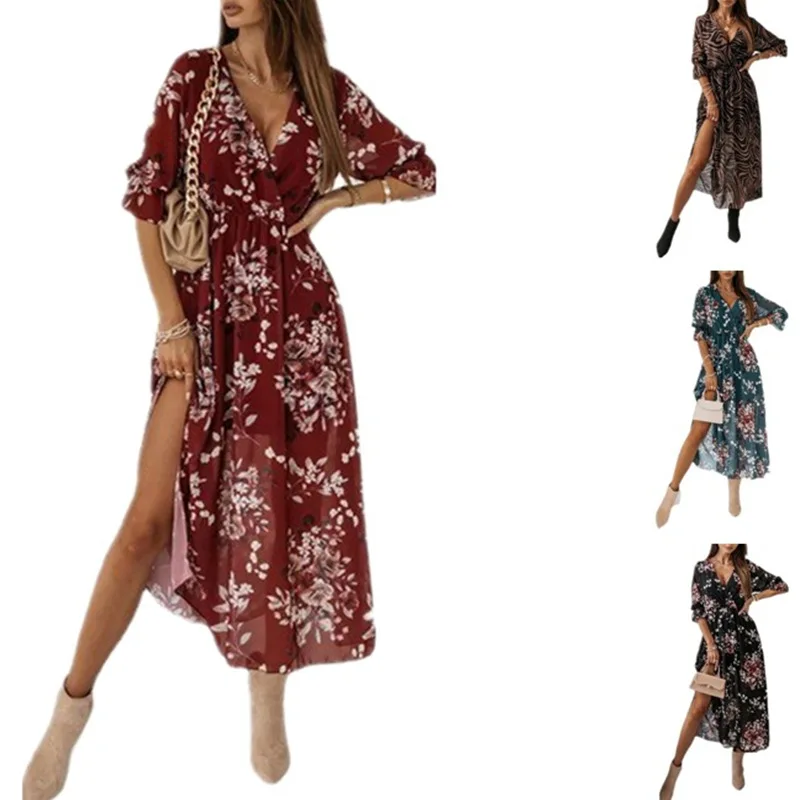 

Женское Модное шифоновое платье с V-образным вырезом, разрезом сбоку и принтом, 2023