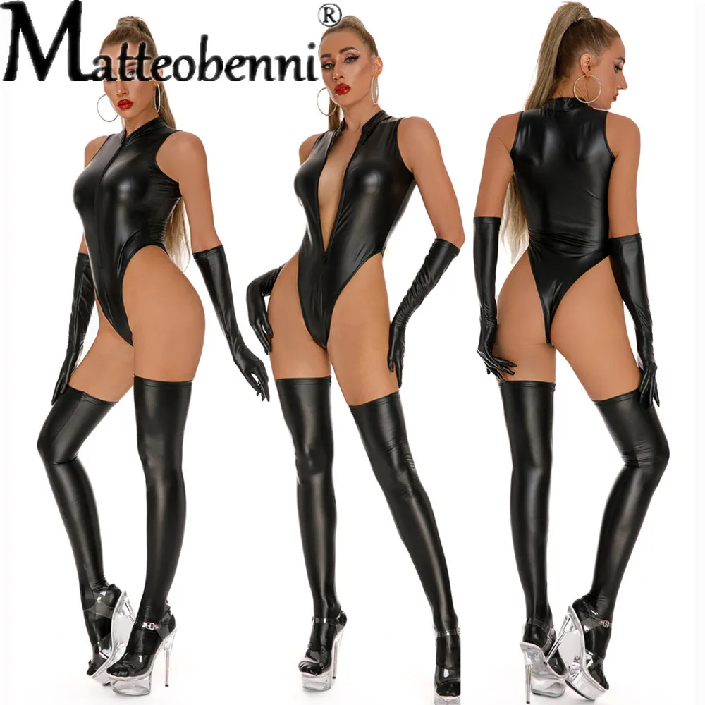 Women PU Faux Leather Latex Bodysuit + Gloves + Stocking Sexy High Cut Lingerie Sexy Tights Catsuit One Piece Thong Stage Wear