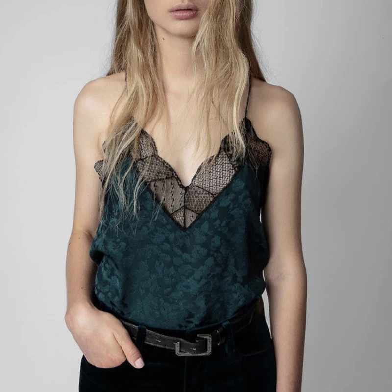 

100% Silk Women's Sexy Leopard V-neck Camisole 2022 new Sleeveless Lace-trimmed fashion Ladies Sling Tops