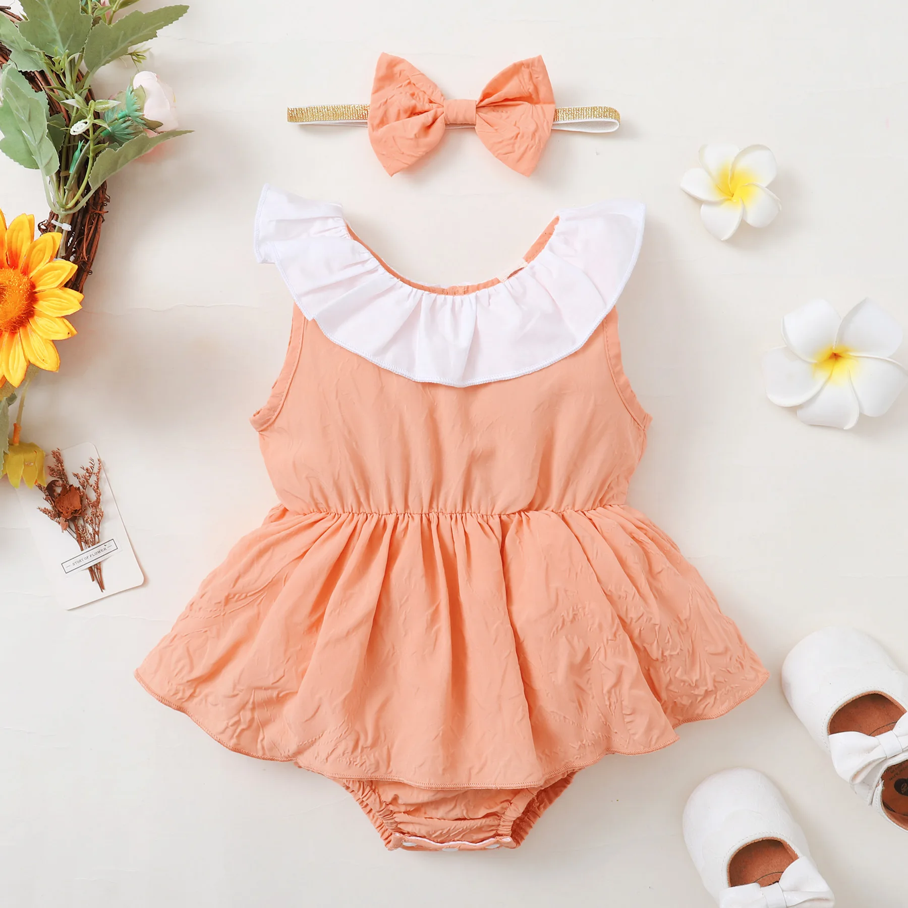 

Summer Newborn Baby One-piece Dress + Headband Cute Lotus Collar Sleeveless Orange For Children Suit