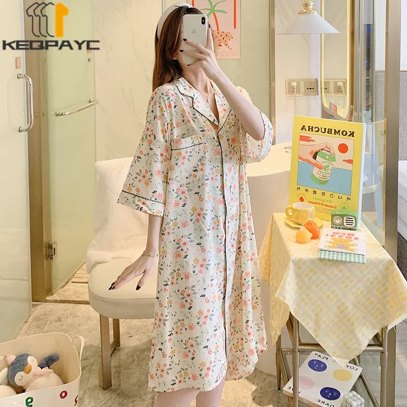 New 2023 Women's Sweet Nightgowns Spring Autumn Women Fashion Lapel Floral Thin Loose Shirtdress Sleepwear Casual Pajamas