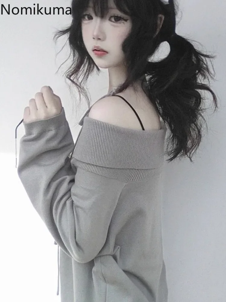 Женский японский свитер Sueter для женщин джемпер с воротником-лодочкой и открытыми